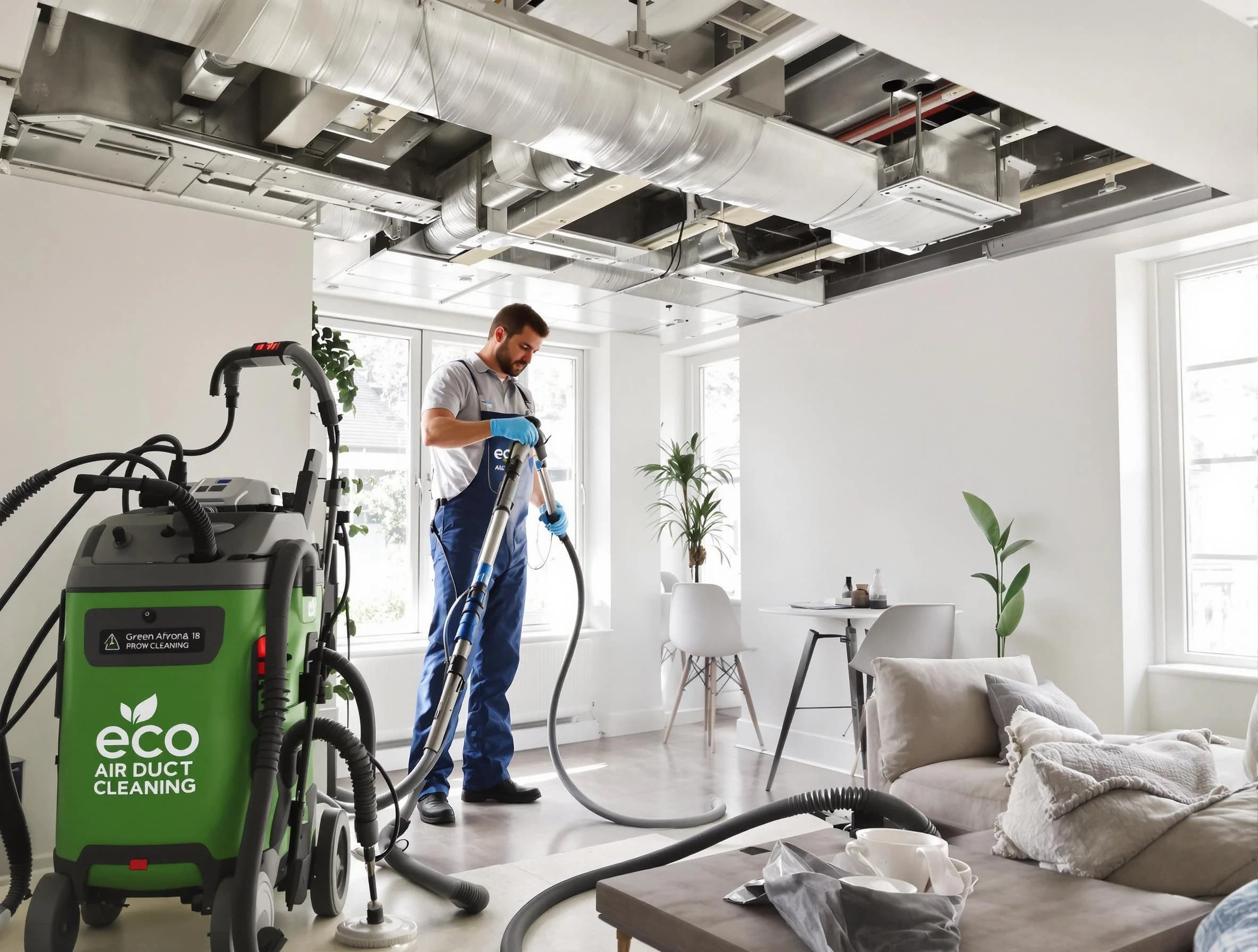 Jurupa Valley Air Duct Cleaning technician performing eco-friendly duct cleaning using sustainable methods in Jurupa Valley
